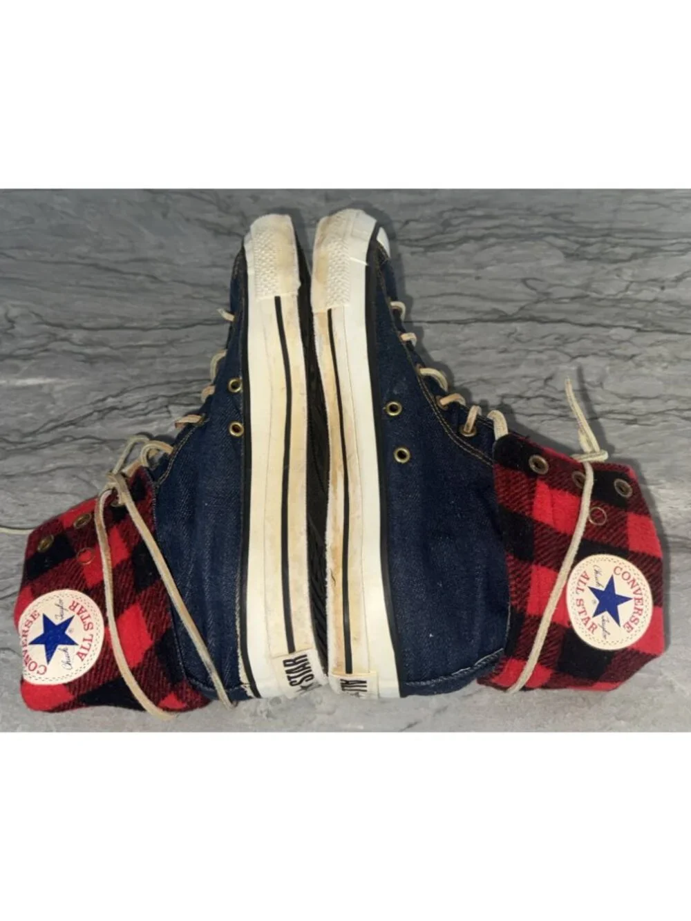 Converse Mens 9.5 Vintage NeeHi Tall High USA Made Denim Fold Over Plaid Sneaker - Picture 5 of 10